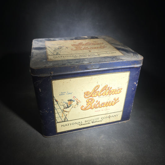 Antique Saltina Biscuit Tin Lithograph Advertising Box with Sailor Graphic, National Biscuit Company "Uneeda Bakers," Made in U.S.A.