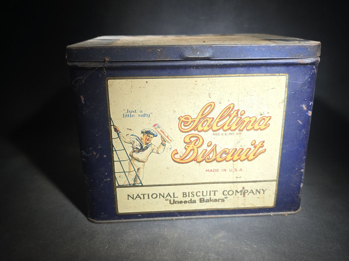 Antique Saltina Biscuit Tin Lithograph Advertising Box with Sailor Graphic, National Biscuit Company "Uneeda Bakers," Made in U.S.A.