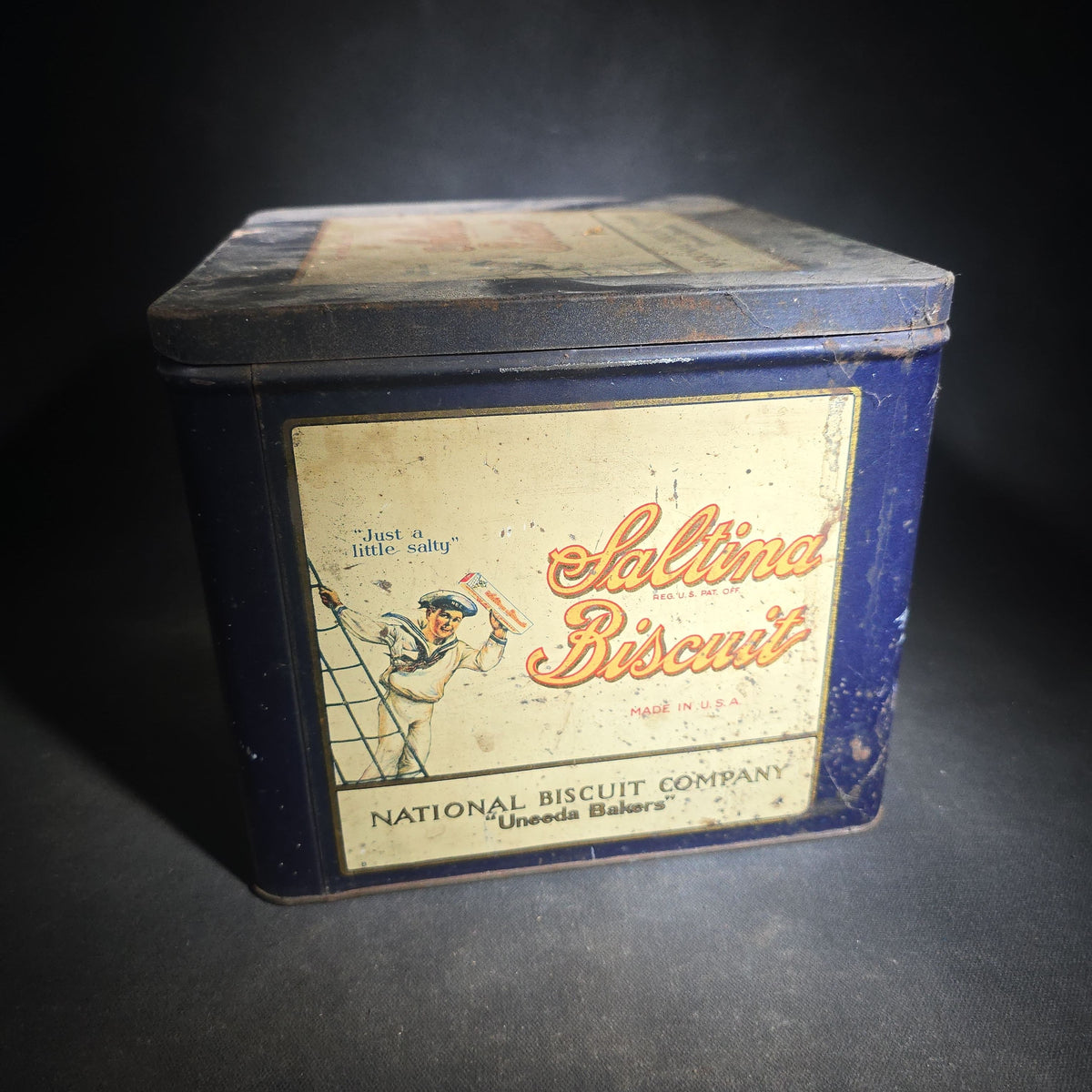 Antique Saltina Biscuit Tin Lithograph Advertising Box with Sailor Graphic, National Biscuit Company "Uneeda Bakers," Made in U.S.A.