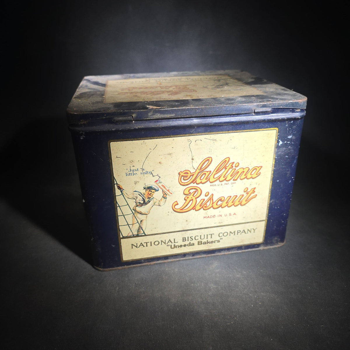 Antique Saltina Biscuit Tin Lithograph Advertising Box with Sailor Graphic, National Biscuit Company "Uneeda Bakers," Made in U.S.A.
