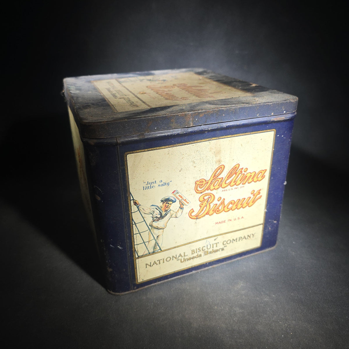 Antique Saltina Biscuit Tin Lithograph Advertising Box with Sailor Graphic, National Biscuit Company "Uneeda Bakers," Made in U.S.A.