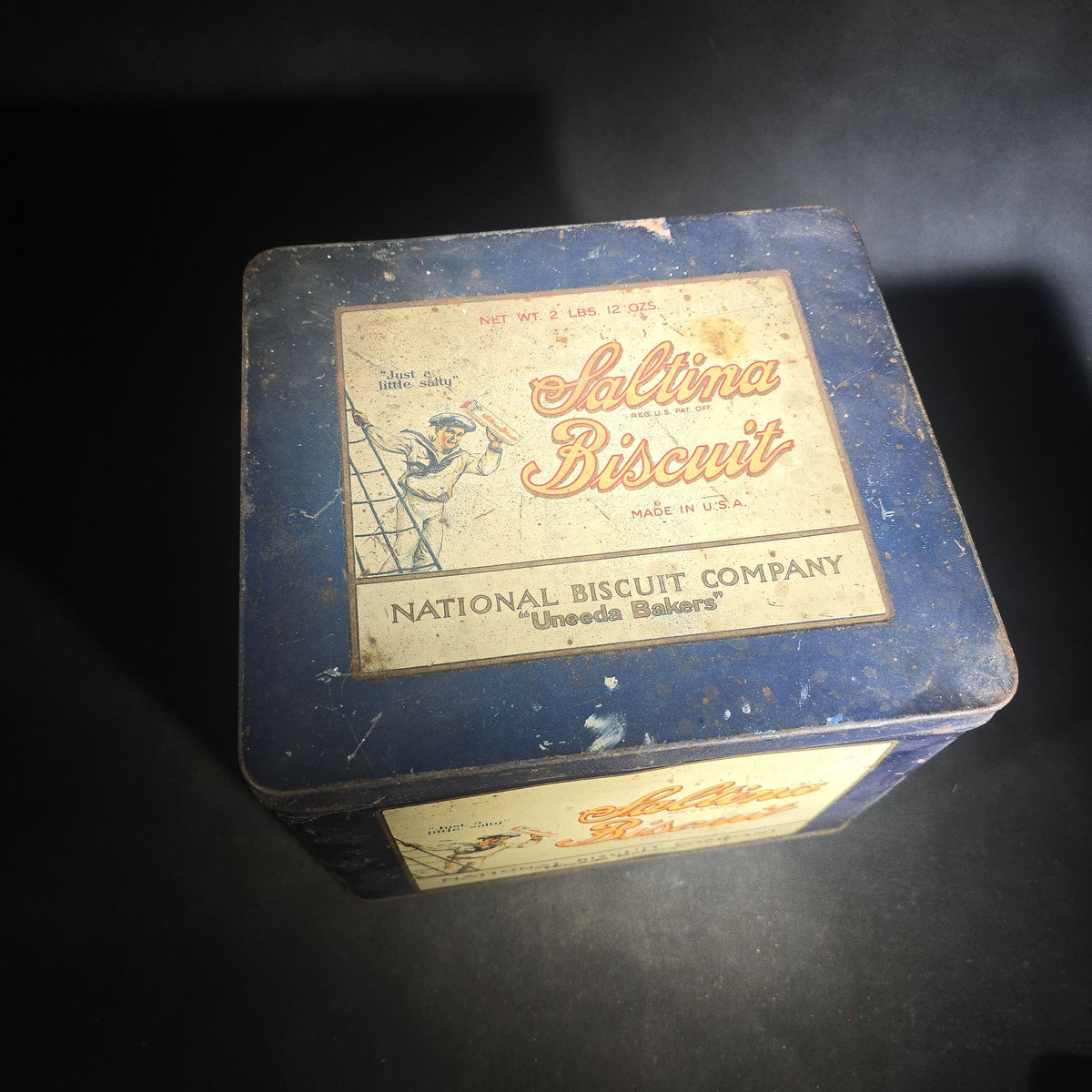 Antique Saltina Biscuit Tin Lithograph Advertising Box with Sailor Graphic, National Biscuit Company "Uneeda Bakers," Made in U.S.A.