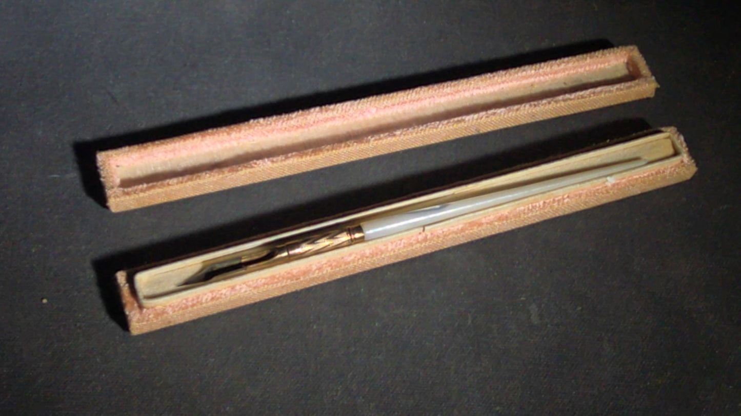 Antique Mother of Pearl Dip Pen with Nib in Fabric-Covered Case