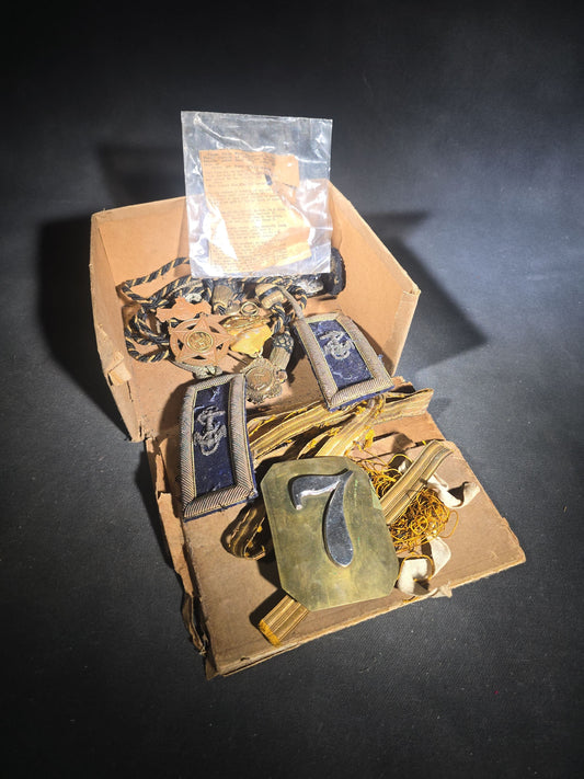 Grouping of Antique U.S. Navy Officer Uniform Remnants and Veteran Organization Medals Including Shoulder Boards, Scoville Buttons, G.A.R. 32nd National Encampment 1898 Souvenir Badge, and Naval Veterans Boston 1904 Convention Medal