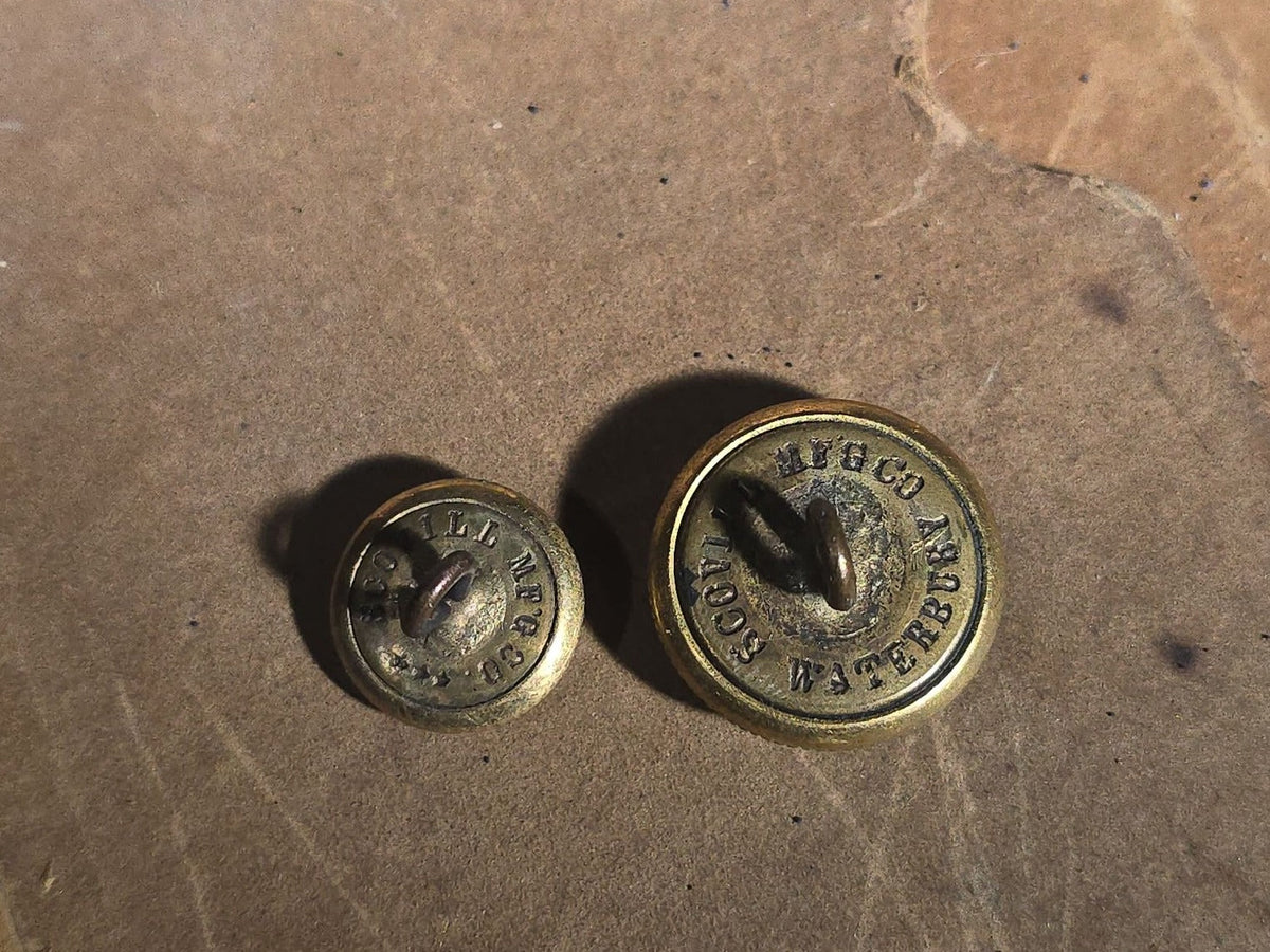 Grouping of Antique U.S. Navy Officer Uniform Remnants and Veteran Organization Medals Including Shoulder Boards, Scoville Buttons, G.A.R. 32nd National Encampment 1898 Souvenir Badge, and Naval Veterans Boston 1904 Convention Medal