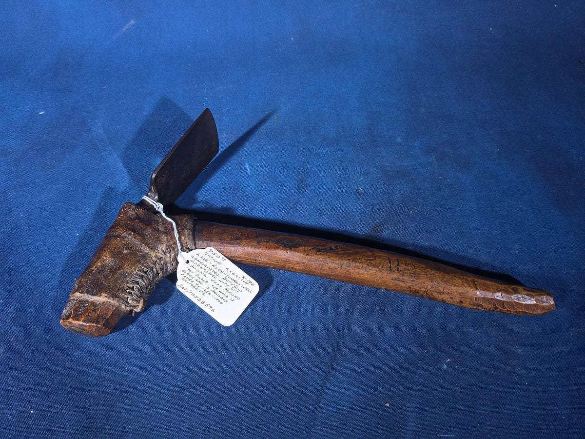 Antique Native American Adze with Hand-Forged Iron Blade, Black Ash Handle, and Buffalo Hide Wrapping, Eastern U.S., Circa 1750-1800