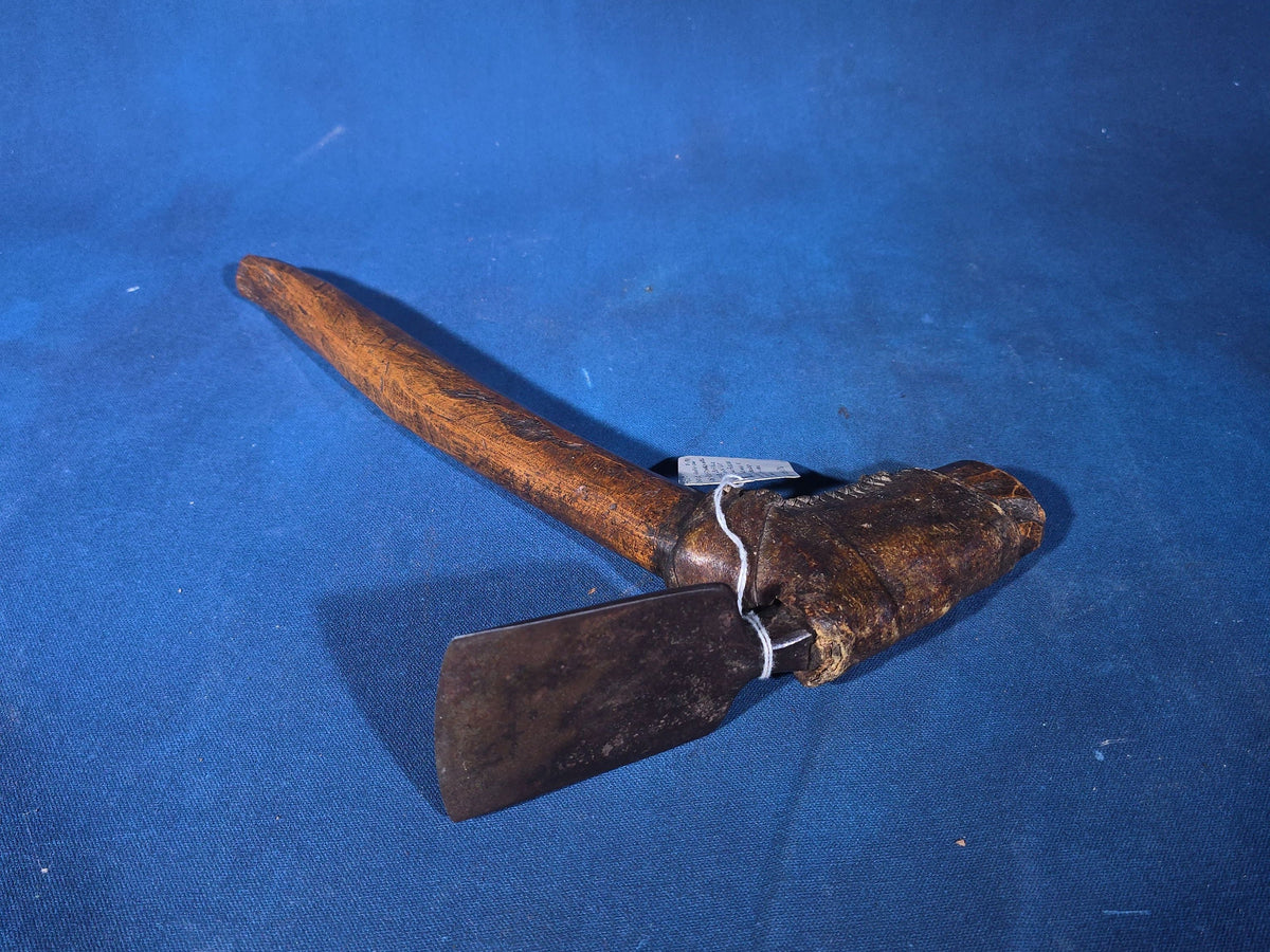 Antique Native American Adze with Hand-Forged Iron Blade, Black Ash Handle, and Buffalo Hide Wrapping, Eastern U.S., Circa 1750-1800