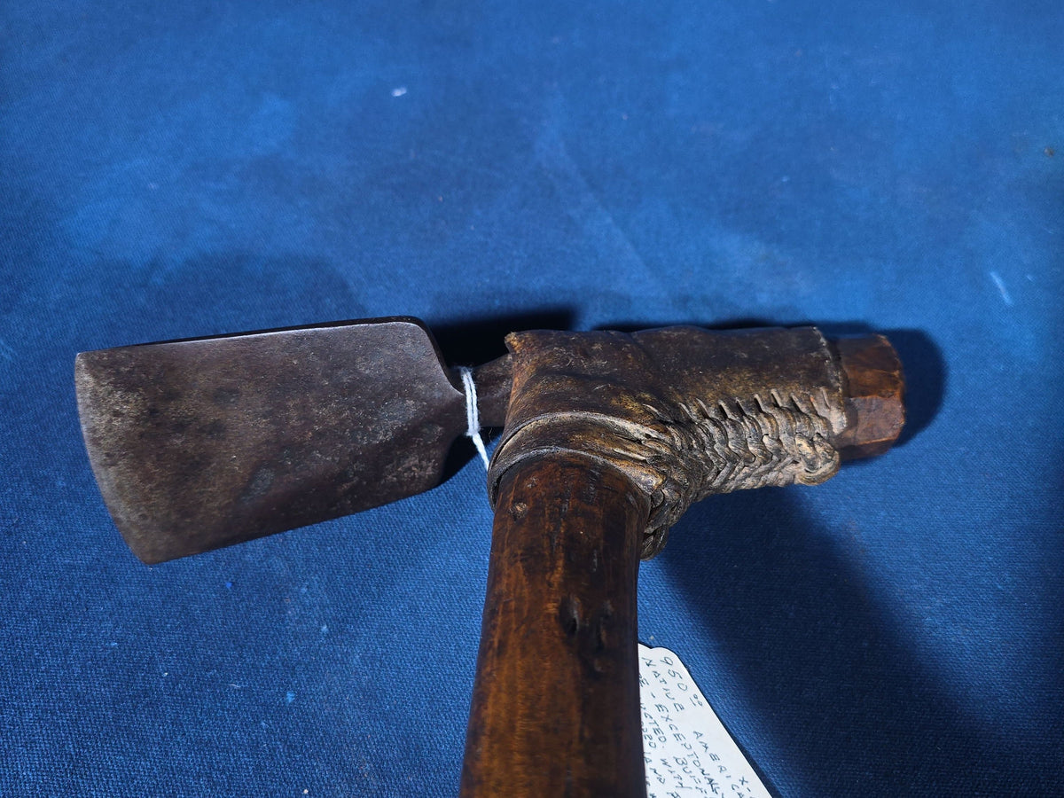 Antique Native American Adze with Hand-Forged Iron Blade, Black Ash Handle, and Buffalo Hide Wrapping, Eastern U.S., Circa 1750-1800