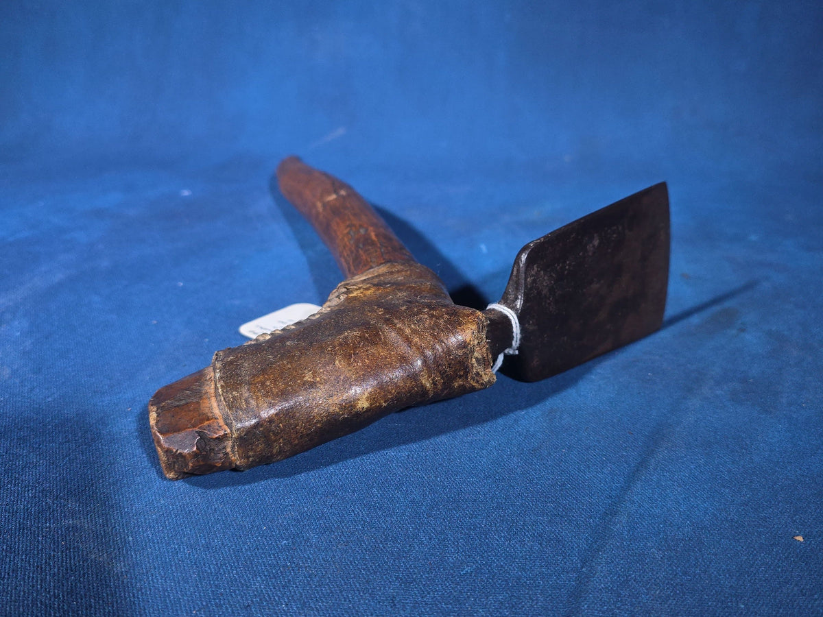 Antique Native American Adze with Hand-Forged Iron Blade, Black Ash Handle, and Buffalo Hide Wrapping, Eastern U.S., Circa 1750-1800