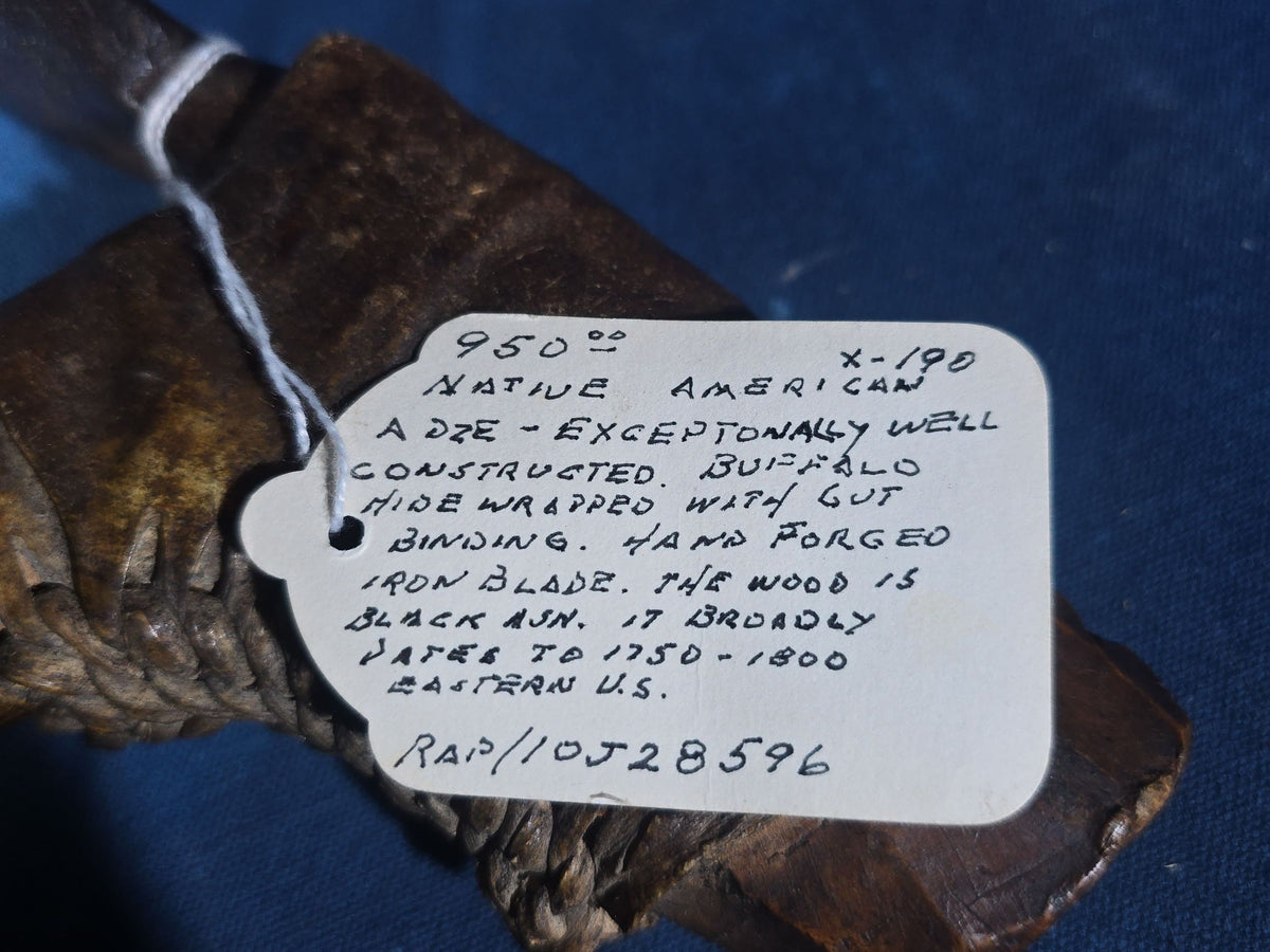 Antique Native American Adze with Hand-Forged Iron Blade, Black Ash Handle, and Buffalo Hide Wrapping, Eastern U.S., Circa 1750-1800