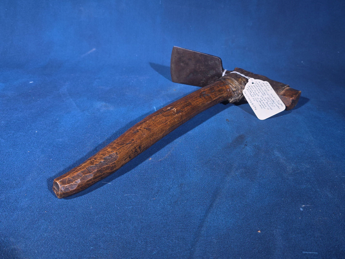 Antique Native American Adze with Hand-Forged Iron Blade, Black Ash Handle, and Buffalo Hide Wrapping, Eastern U.S., Circa 1750-1800