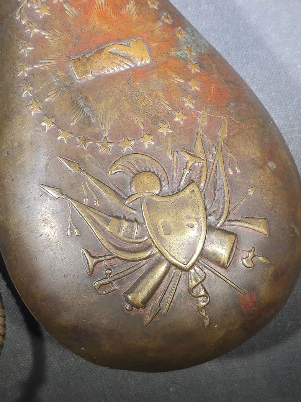 Antique N.P. Ames "Peace" Pattern Brass Powder Flask with Eagle, Clasped Hands, Stars, and "US" Shield with Military Trophy, Dated 1838, Springfield, Massachusetts, with Braided Cord Carry Strap