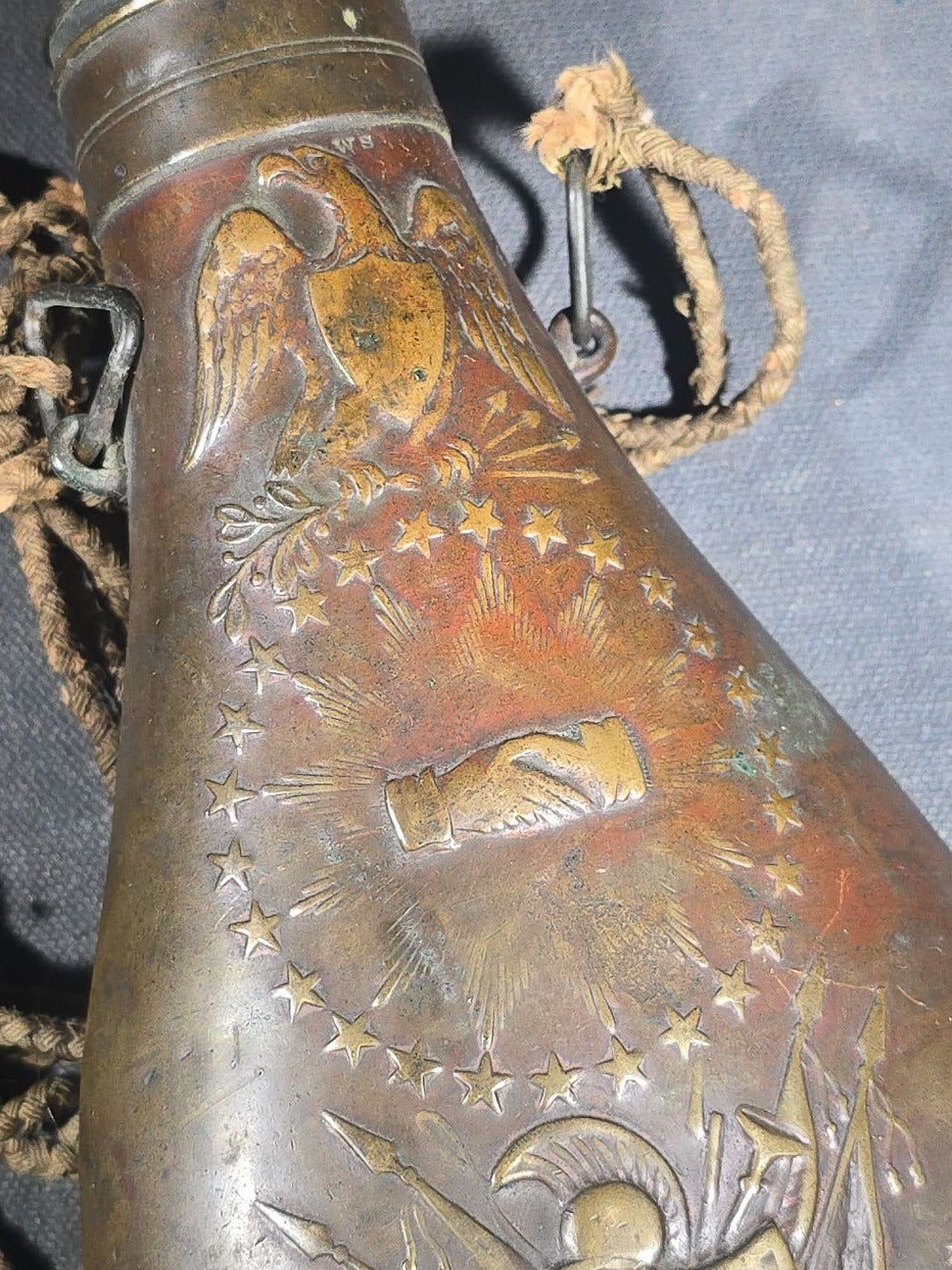 Antique N.P. Ames "Peace" Pattern Brass Powder Flask with Eagle, Clasped Hands, Stars, and "US" Shield with Military Trophy, Dated 1838, Springfield, Massachusetts, with Braided Cord Carry Strap