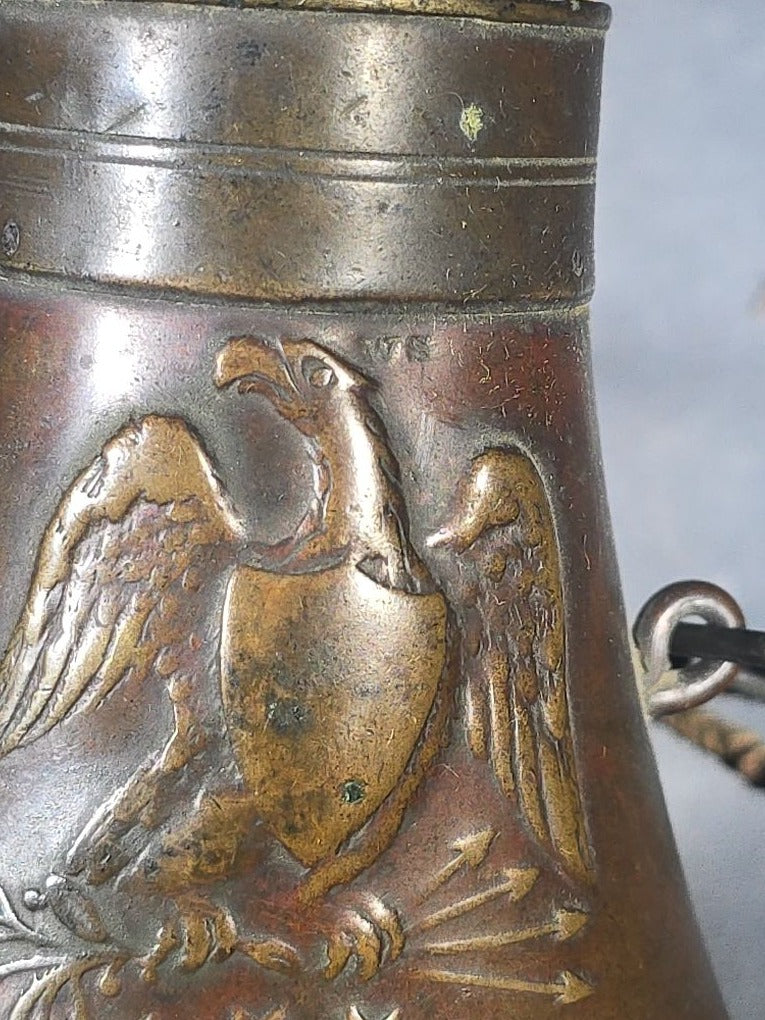 Antique N.P. Ames "Peace" Pattern Brass Powder Flask with Eagle, Clasped Hands, Stars, and "US" Shield with Military Trophy, Dated 1838, Springfield, Massachusetts, with Braided Cord Carry Strap