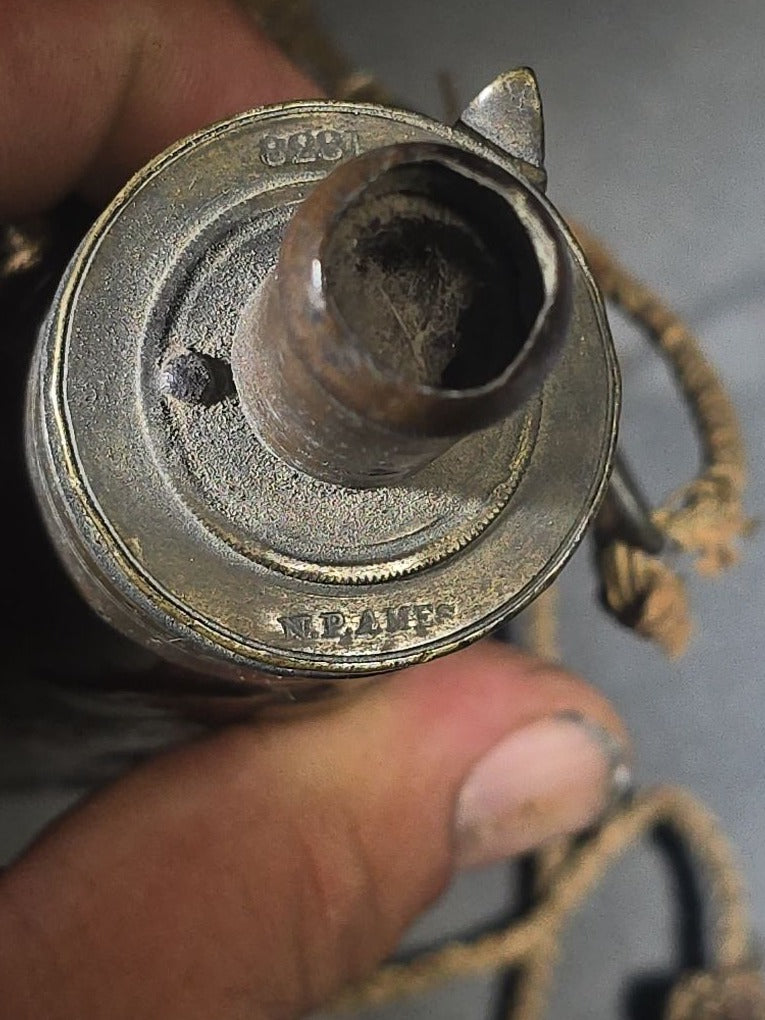 Antique N.P. Ames "Peace" Pattern Brass Powder Flask with Eagle, Clasped Hands, Stars, and "US" Shield with Military Trophy, Dated 1838, Springfield, Massachusetts, with Braided Cord Carry Strap