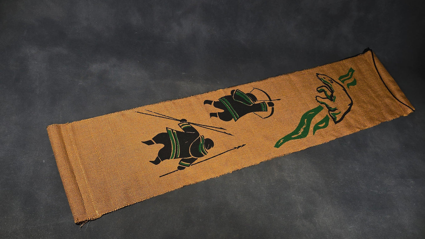 Vintage Screen-Printed Burlap Panel in the Style of Helen Kalvak with Inuit Hunting Figures