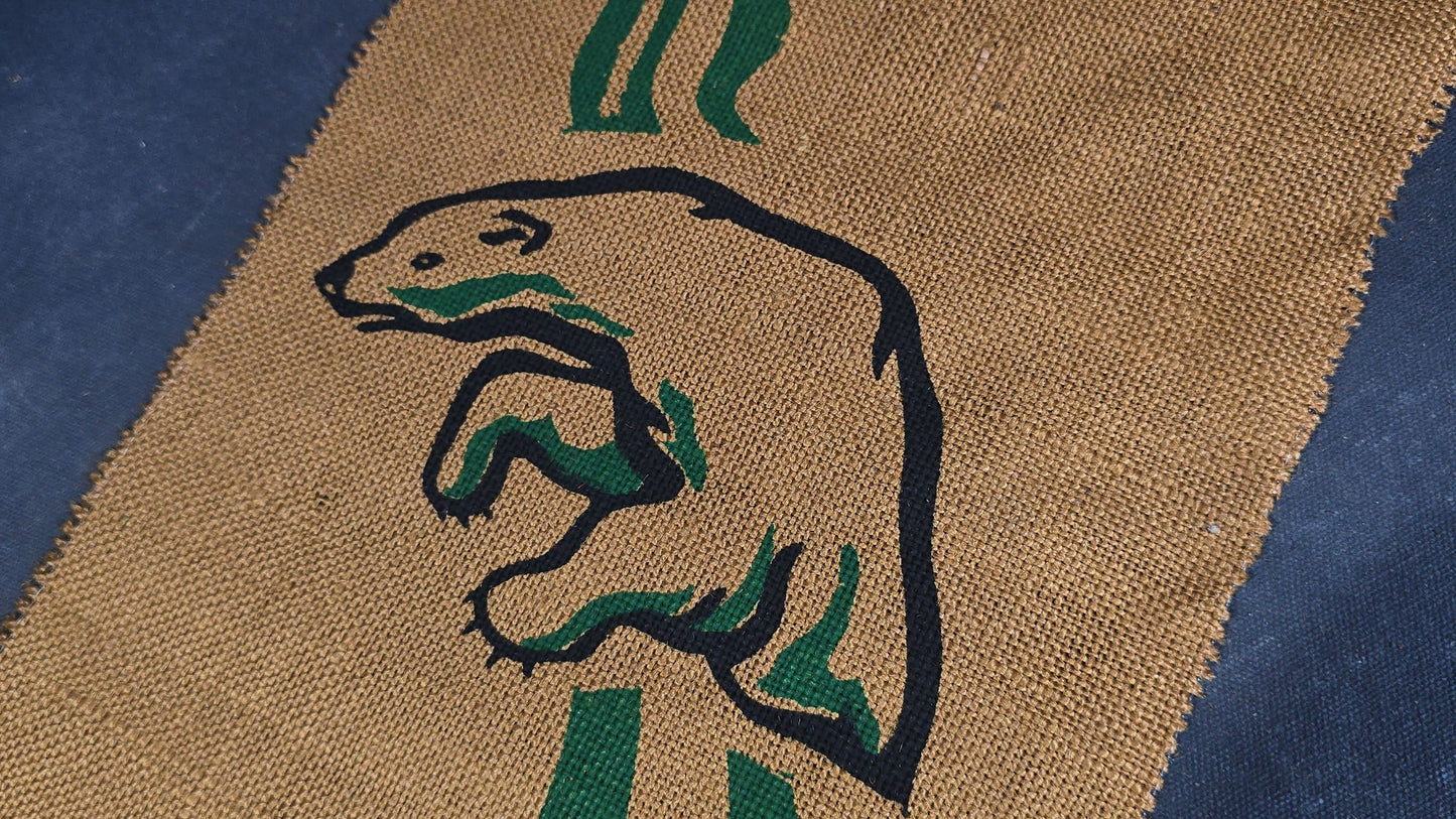 Vintage Screen-Printed Burlap Panel in the Style of Helen Kalvak with Inuit Hunting Figures
