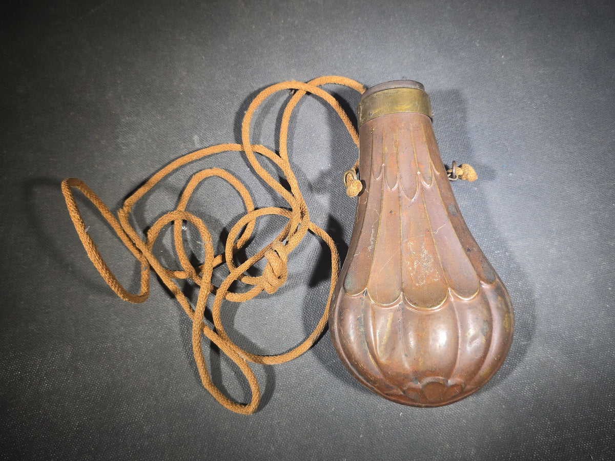 Antique Copper and Brass Powder Flask with Embossed Fluted Body and Cord Carry Strap
