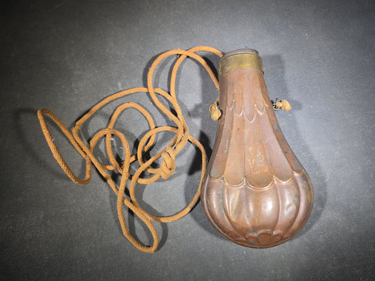 Antique Copper and Brass Powder Flask with Embossed Fluted Body and Cord Carry Strap