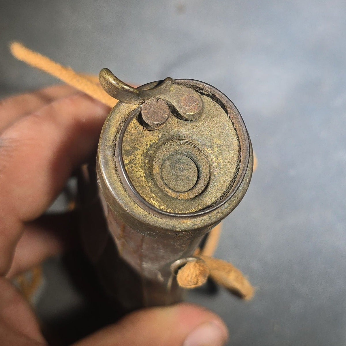 Antique Copper and Brass Powder Flask with Embossed Fluted Body and Cord Carry Strap