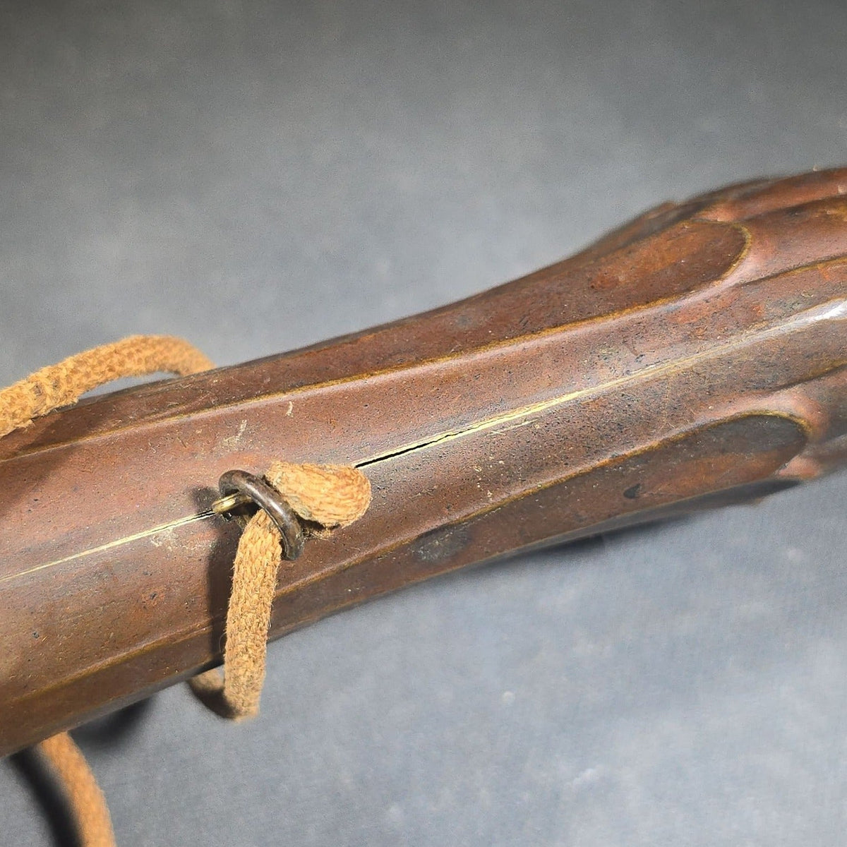 Antique Copper and Brass Powder Flask with Embossed Fluted Body and Cord Carry Strap