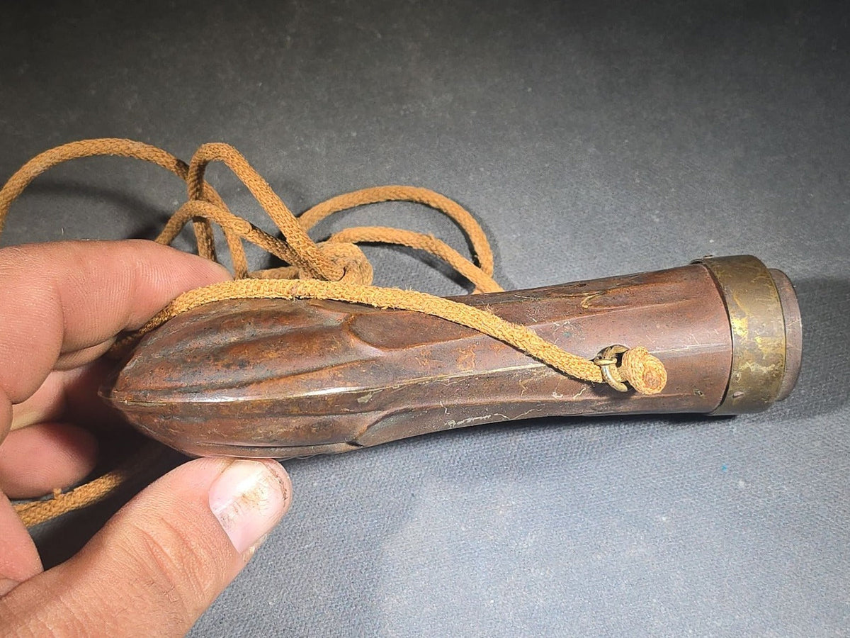 Antique Copper and Brass Powder Flask with Embossed Fluted Body and Cord Carry Strap
