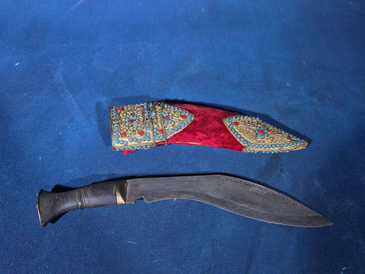 Vintage Nepalese Kukri Knife with Decorated Velvet and Metal Sheath