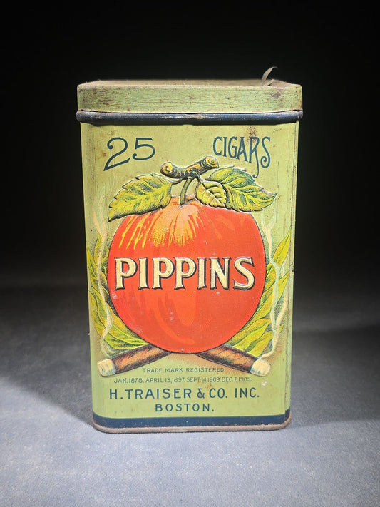 Antique Pippins 25 Cigars Tin Lithograph Advertising Canister with Apple and Crossed Cigars Graphics, H. Traiser & Co. Inc., Boston, Massachusetts