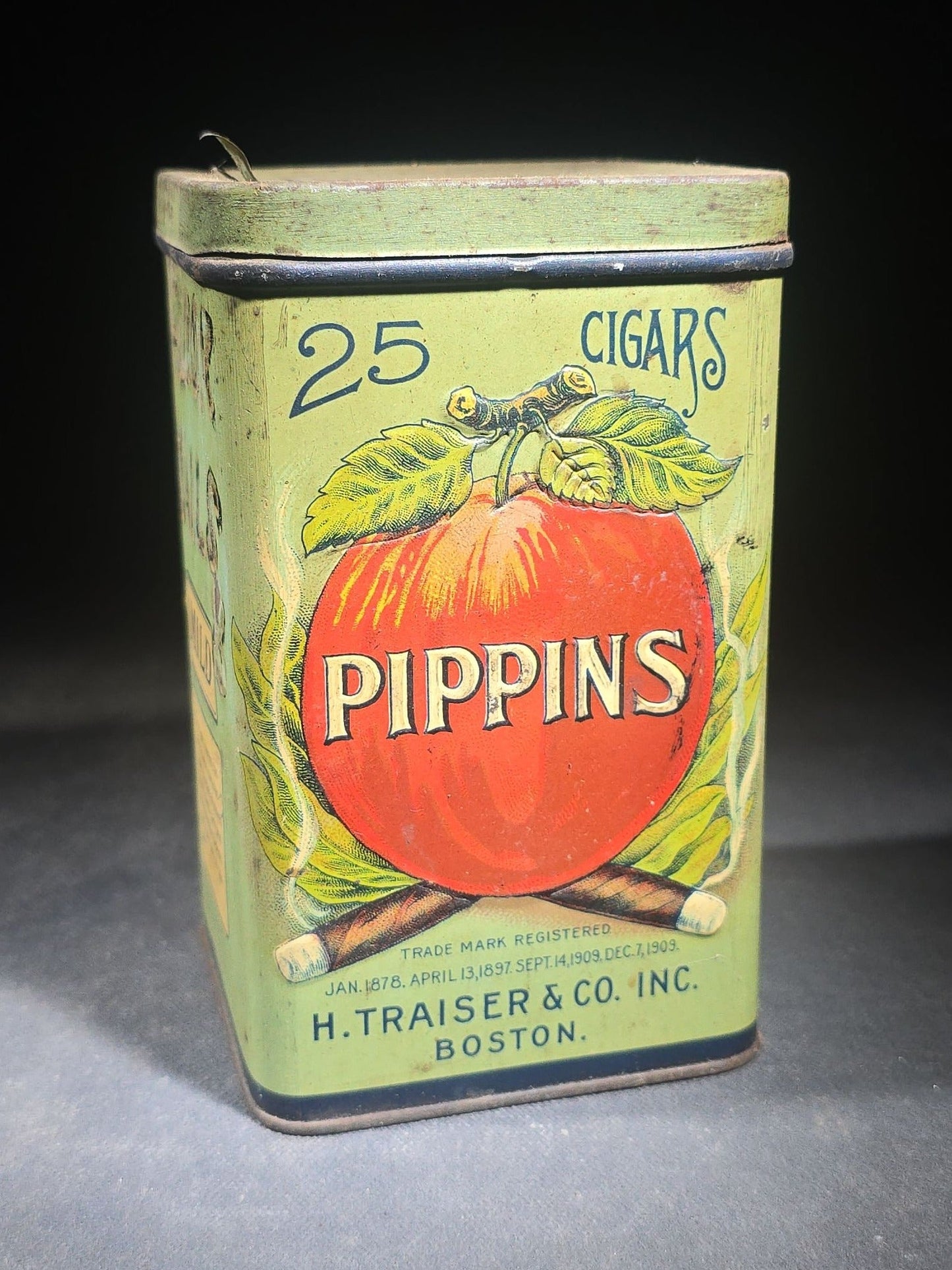 Antique Pippins 25 Cigars Tin Lithograph Advertising Canister with Apple and Crossed Cigars Graphics, H. Traiser & Co. Inc., Boston, Massachusetts