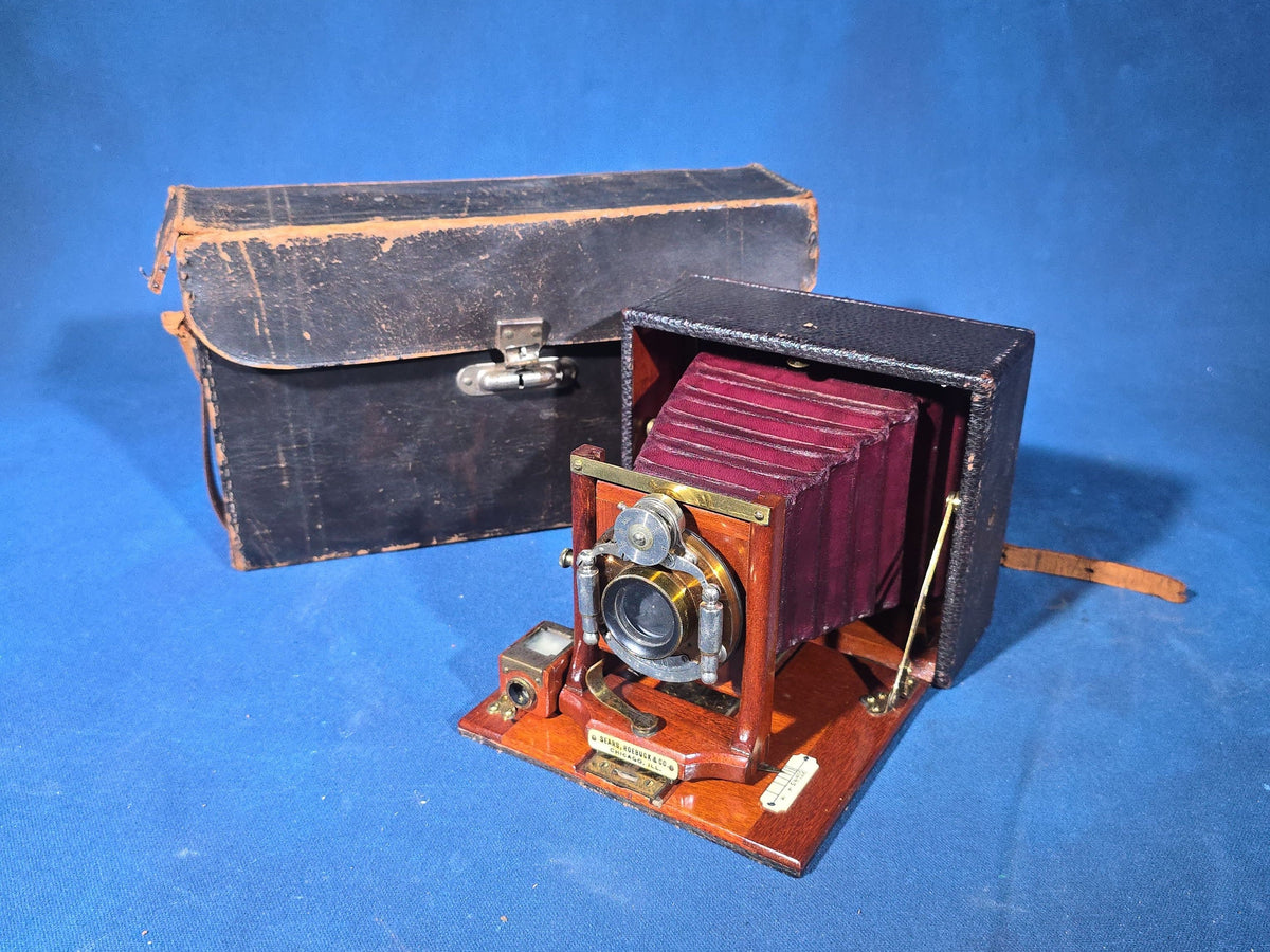 Antique Sears, Roebuck & Co. Mahogany Folding Plate Camera with Bausch & Lomb Unicum Shutter, Red Bellows, and Leather Carrying Case