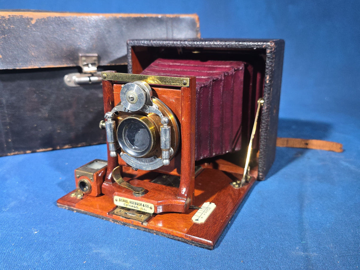 Antique Sears, Roebuck & Co. Mahogany Folding Plate Camera with Bausch & Lomb Unicum Shutter, Red Bellows, and Leather Carrying Case