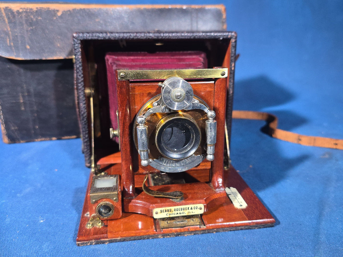 Antique Sears, Roebuck & Co. Mahogany Folding Plate Camera with Bausch & Lomb Unicum Shutter, Red Bellows, and Leather Carrying Case