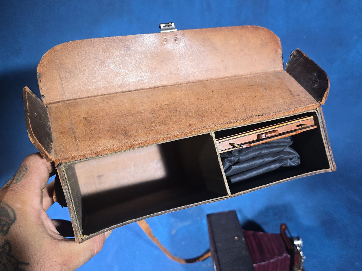 Antique Sears, Roebuck & Co. Mahogany Folding Plate Camera with Bausch & Lomb Unicum Shutter, Red Bellows, and Leather Carrying Case