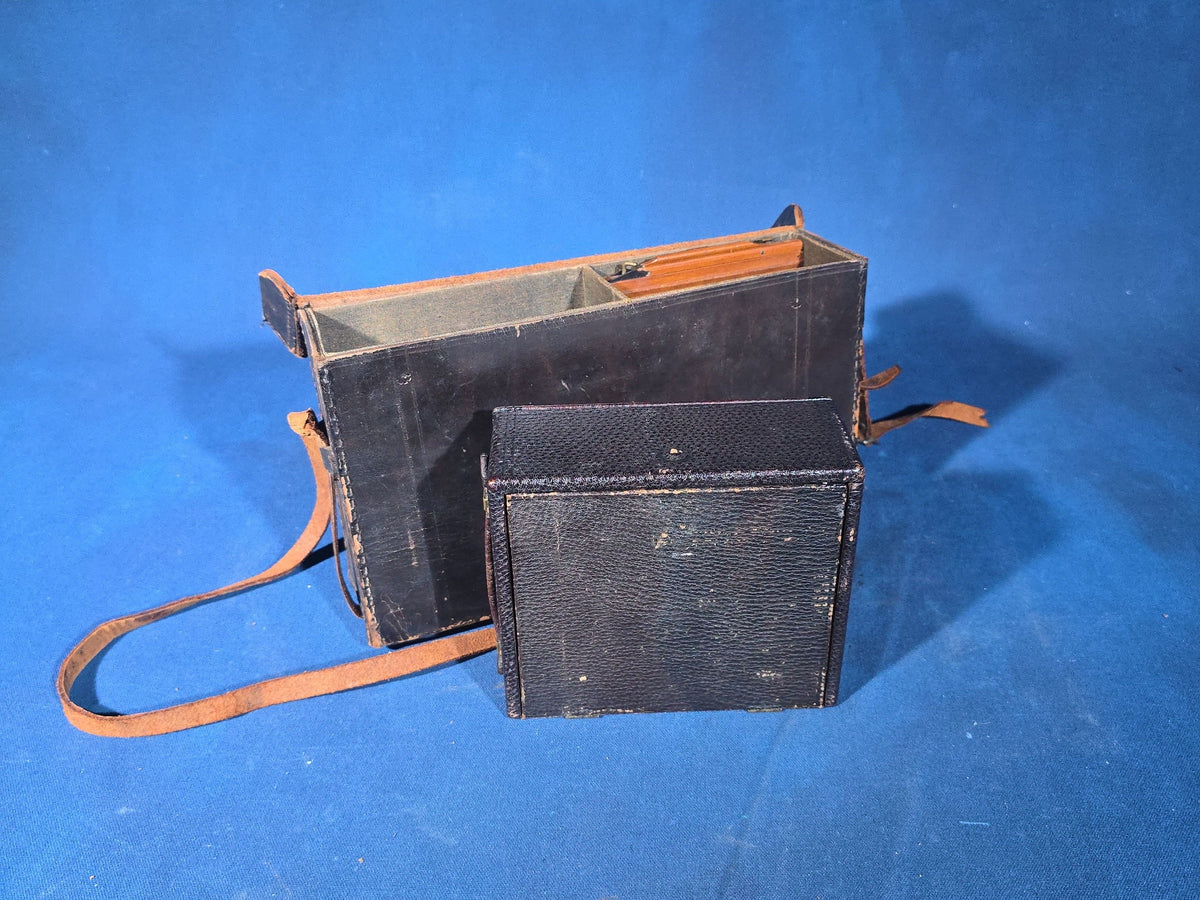 Antique Sears, Roebuck & Co. Mahogany Folding Plate Camera with Bausch & Lomb Unicum Shutter, Red Bellows, and Leather Carrying Case
