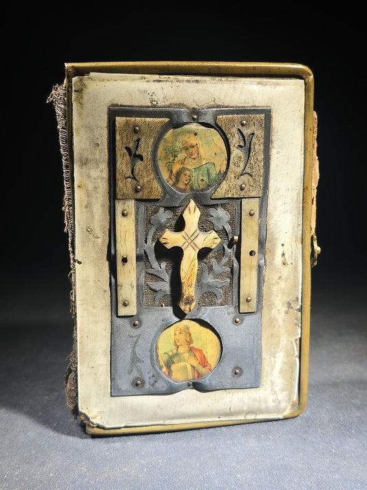 Antique Hungarian-Language Catholic Prayer Book with Metal and Bone-Decorated Covers, Cross, and Religious Medallions, with Loose Holy Cards, Poor Condition