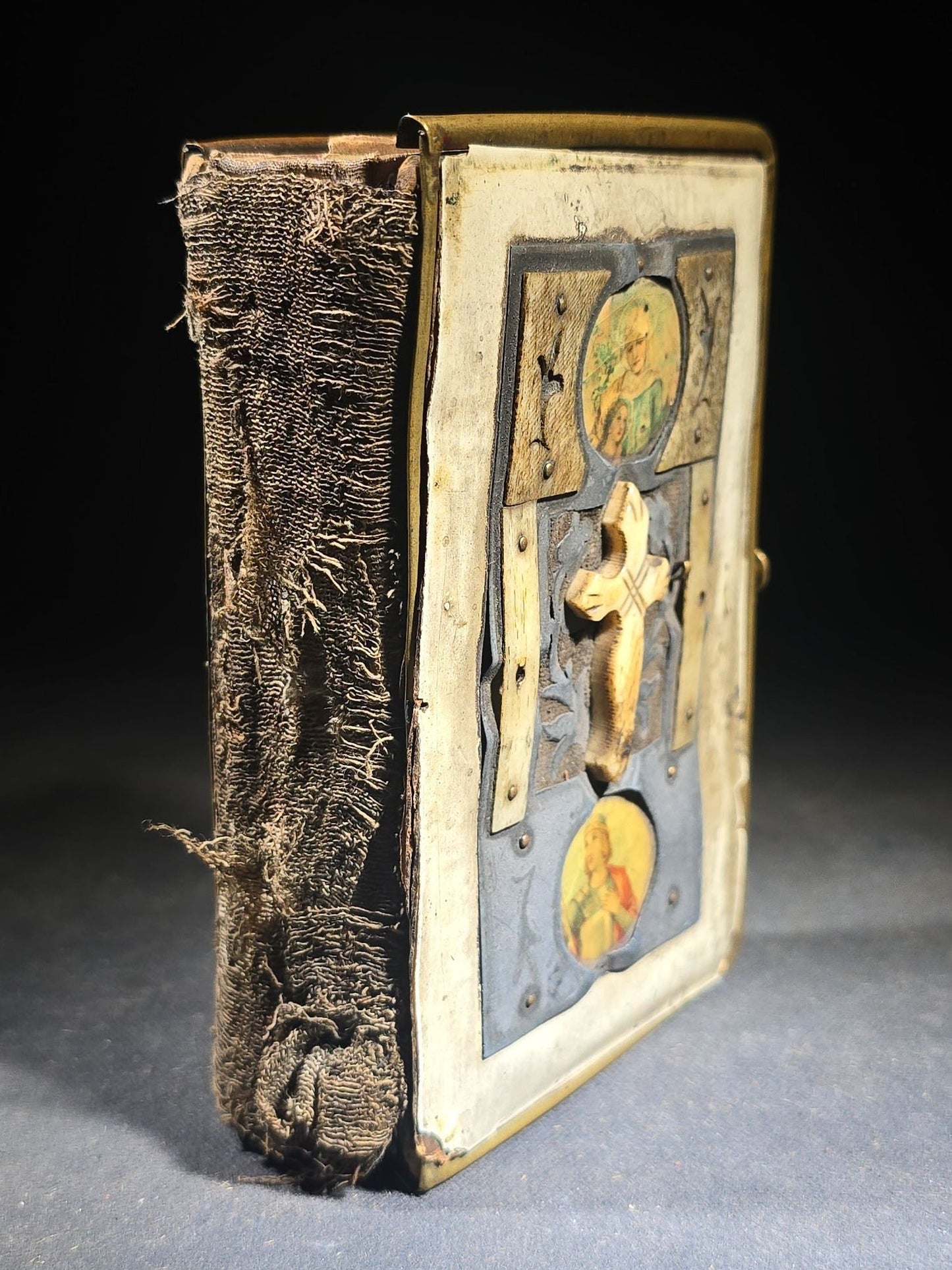 Antique Hungarian-Language Catholic Prayer Book with Metal and Bone-Decorated Covers, Cross, and Religious Medallions, with Loose Holy Cards, Poor Condition