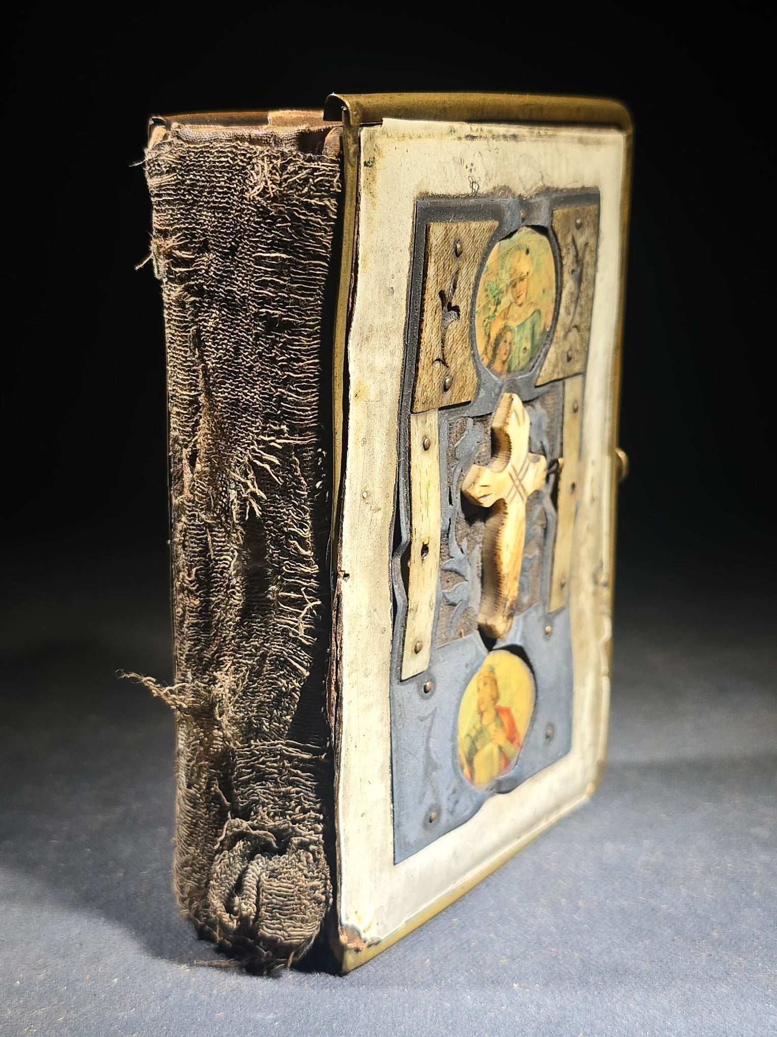 Antique Hungarian-Language Catholic Prayer Book with Metal and Bone-Decorated Covers, Cross, and Religious Medallions, with Loose Holy Cards, Poor Condition