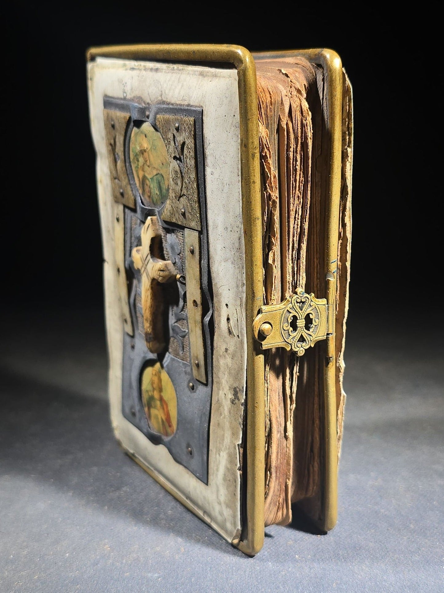 Antique Hungarian-Language Catholic Prayer Book with Metal and Bone-Decorated Covers, Cross, and Religious Medallions, with Loose Holy Cards, Poor Condition
