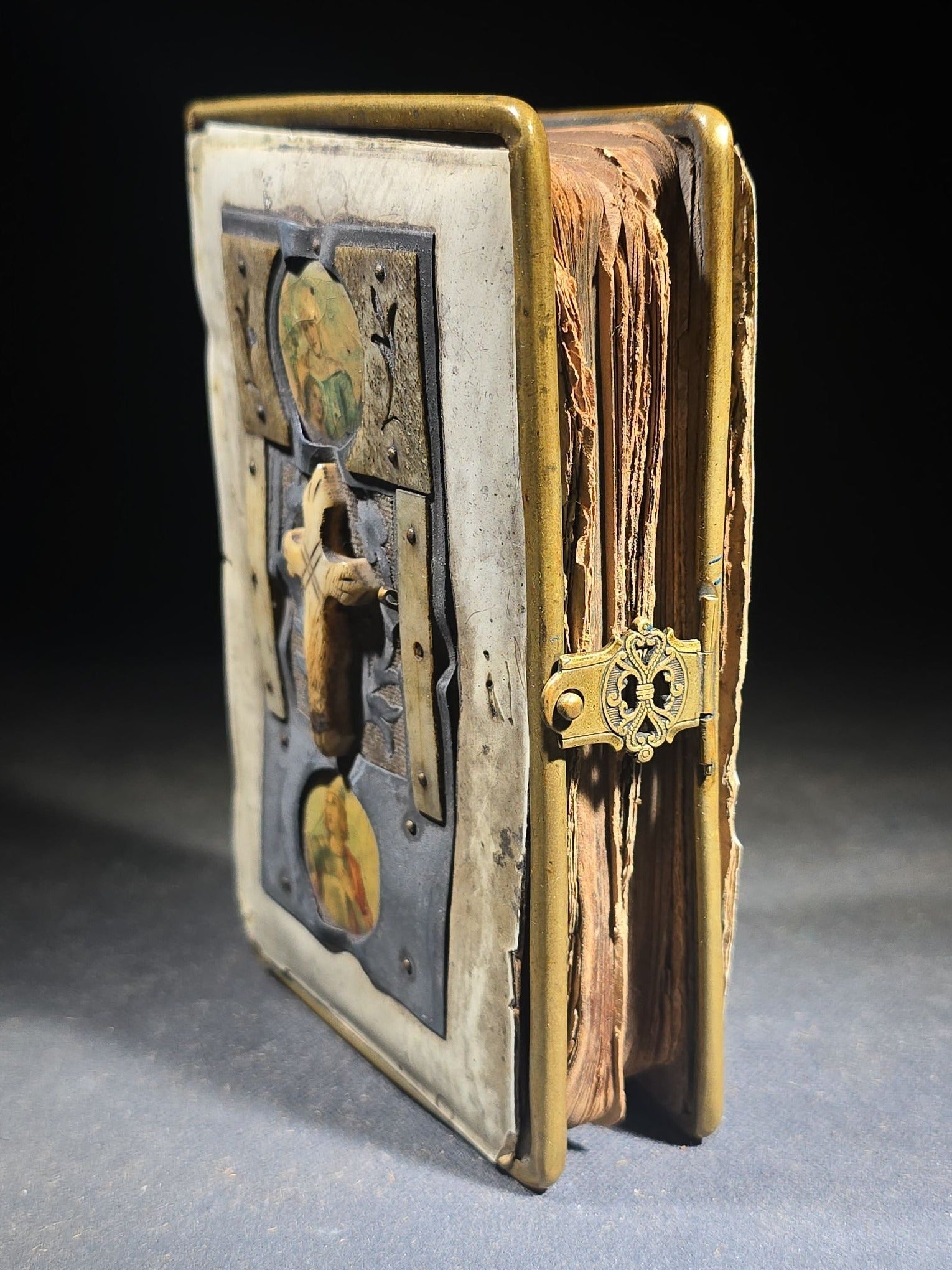 Antique Hungarian-Language Catholic Prayer Book with Metal and Bone-Decorated Covers, Cross, and Religious Medallions, with Loose Holy Cards, Poor Condition