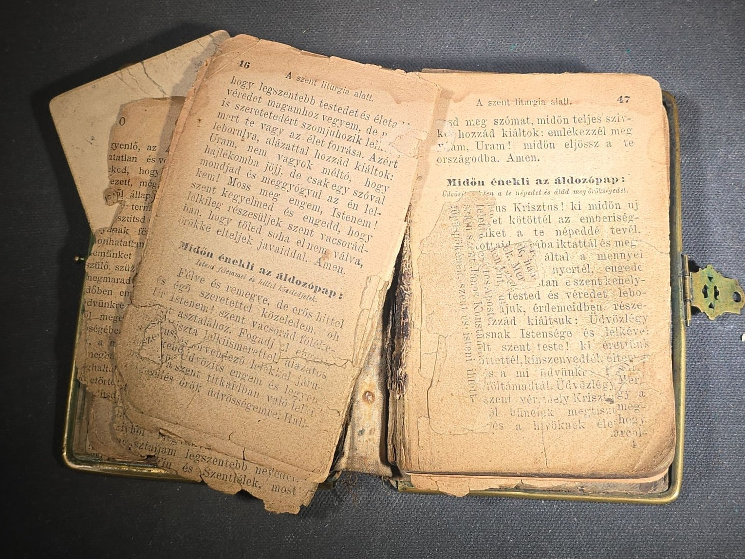 Antique Hungarian-Language Catholic Prayer Book with Metal and Bone-Decorated Covers, Cross, and Religious Medallions, with Loose Holy Cards, Poor Condition