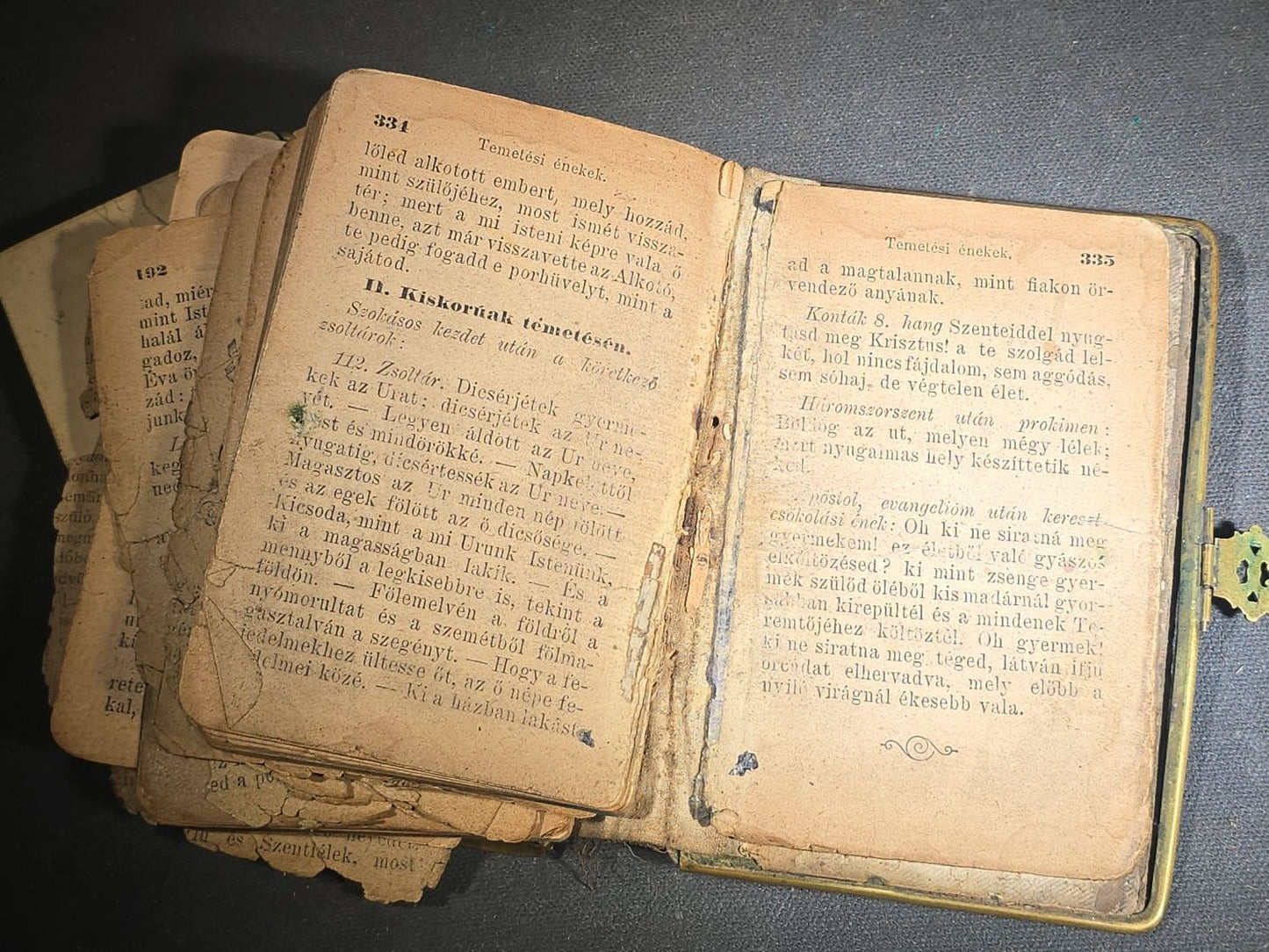 Antique Hungarian-Language Catholic Prayer Book with Metal and Bone-Decorated Covers, Cross, and Religious Medallions, with Loose Holy Cards, Poor Condition