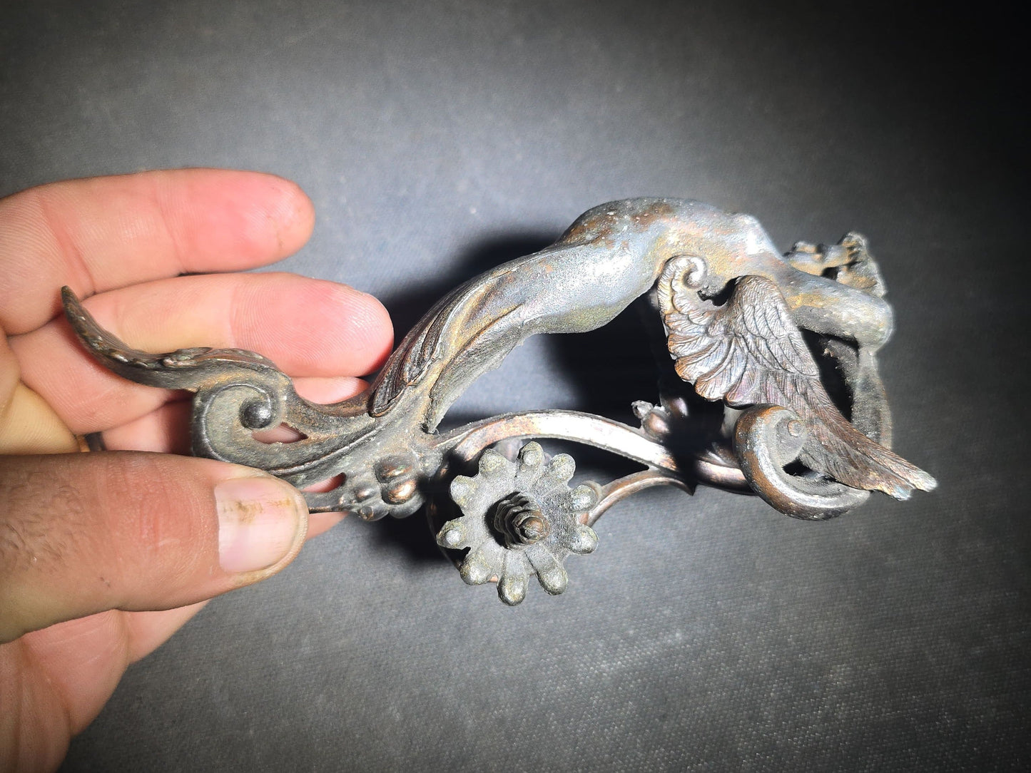 Antique Cast Metal Figural Ornament Fragment with Winged Cherub, Scrollwork, and Floral Rosette