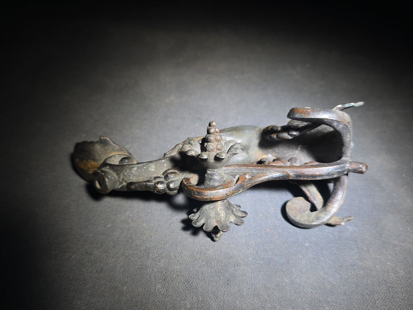 Antique Cast Metal Figural Ornament Fragment with Winged Cherub, Scrollwork, and Floral Rosette