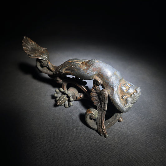 Antique Cast Metal Figural Ornament Fragment with Winged Cherub, Scrollwork, and Floral Rosette
