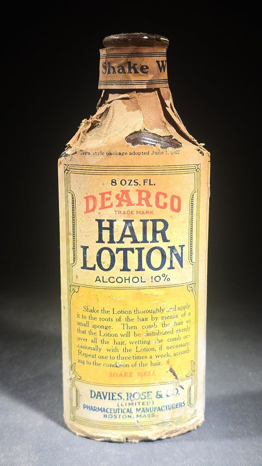 Antique Dearco Hair Lotion Bottle with Original Paper Wrapping and Contents, N.O.S., Manufactured by Davies, Rose & Co. (Limited), Boston, Massachusetts, 1922