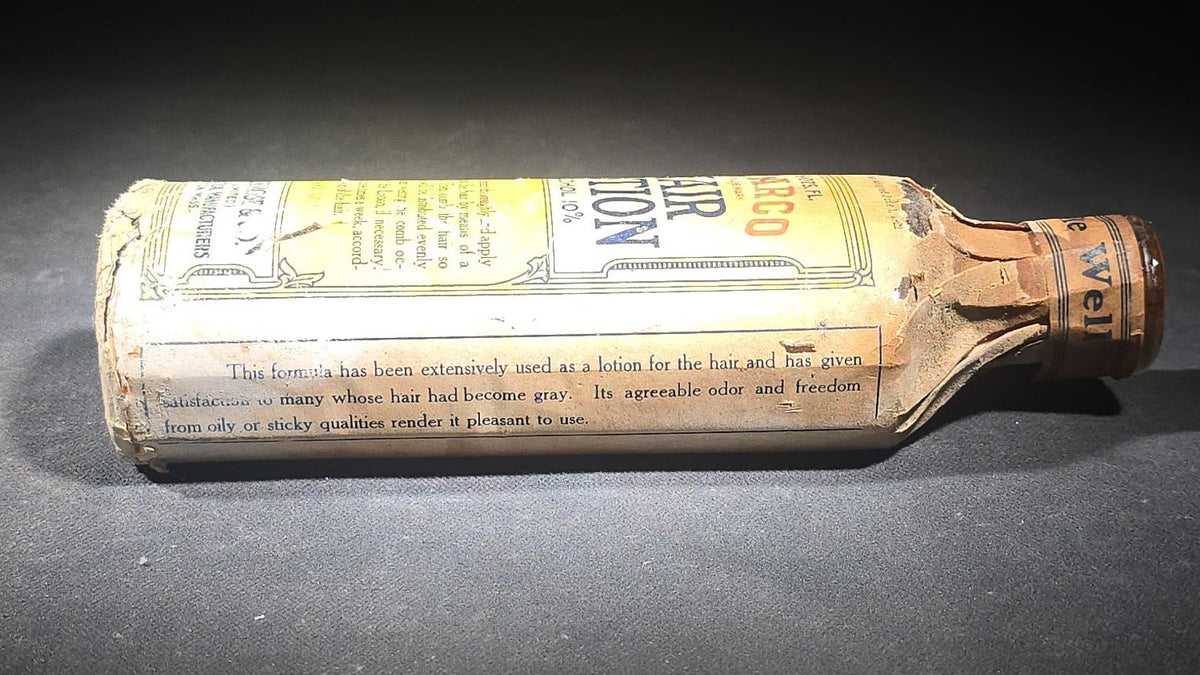 Antique Dearco Hair Lotion Bottle with Original Paper Wrapping and Contents, N.O.S., Manufactured by Davies, Rose & Co. (Limited), Boston, Massachusetts, 1922