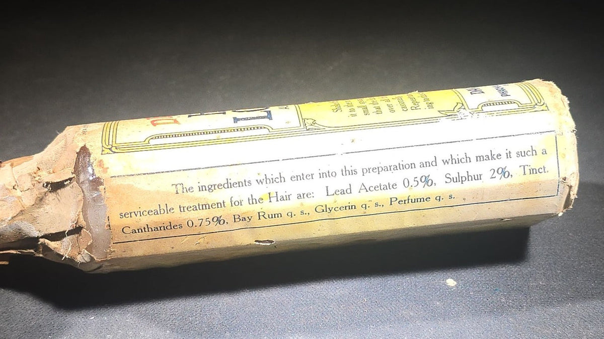 Antique Dearco Hair Lotion Bottle with Original Paper Wrapping and Contents, N.O.S., Manufactured by Davies, Rose & Co. (Limited), Boston, Massachusetts, 1922