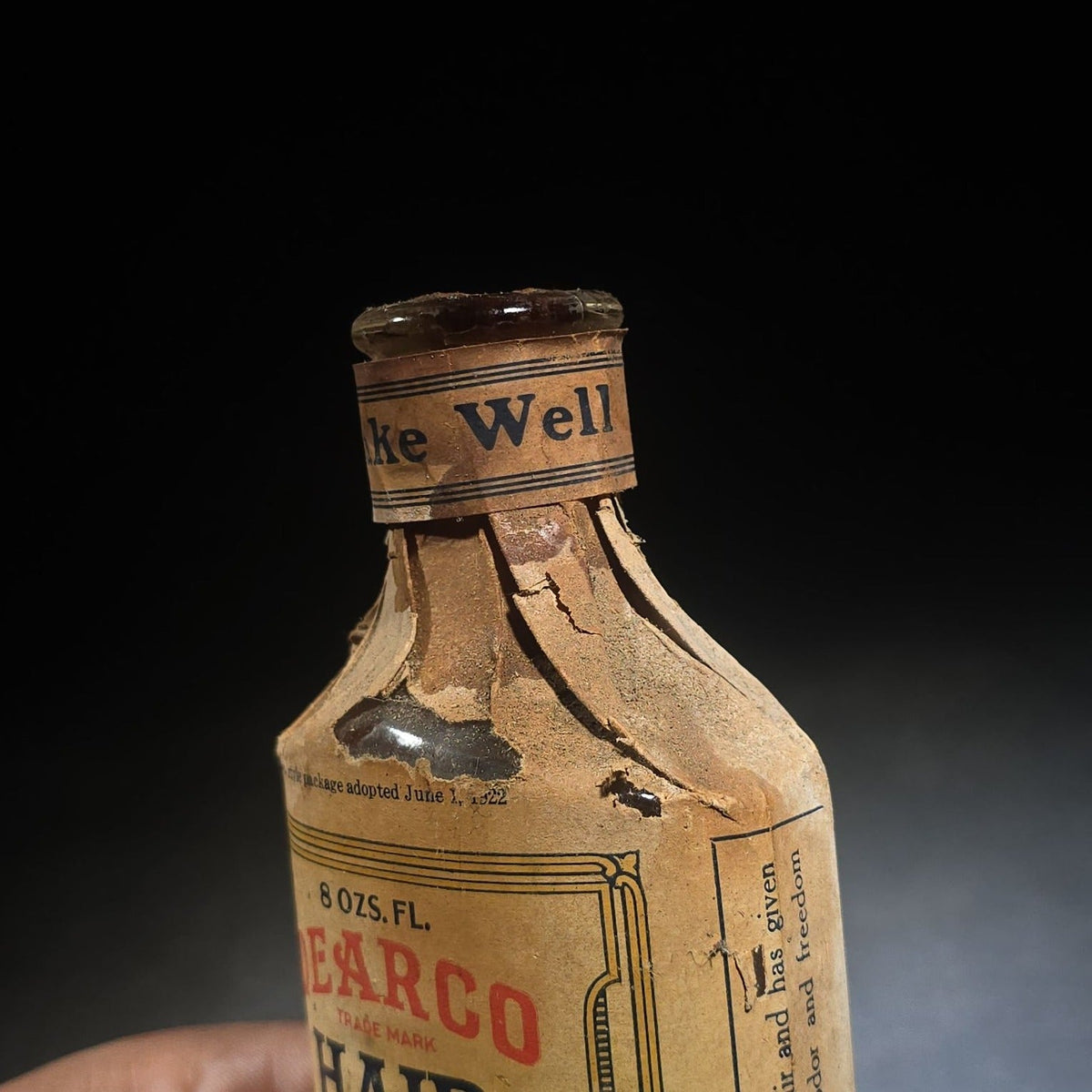 Antique Dearco Hair Lotion Bottle with Original Paper Wrapping and Contents, N.O.S., Manufactured by Davies, Rose & Co. (Limited), Boston, Massachusetts, 1922