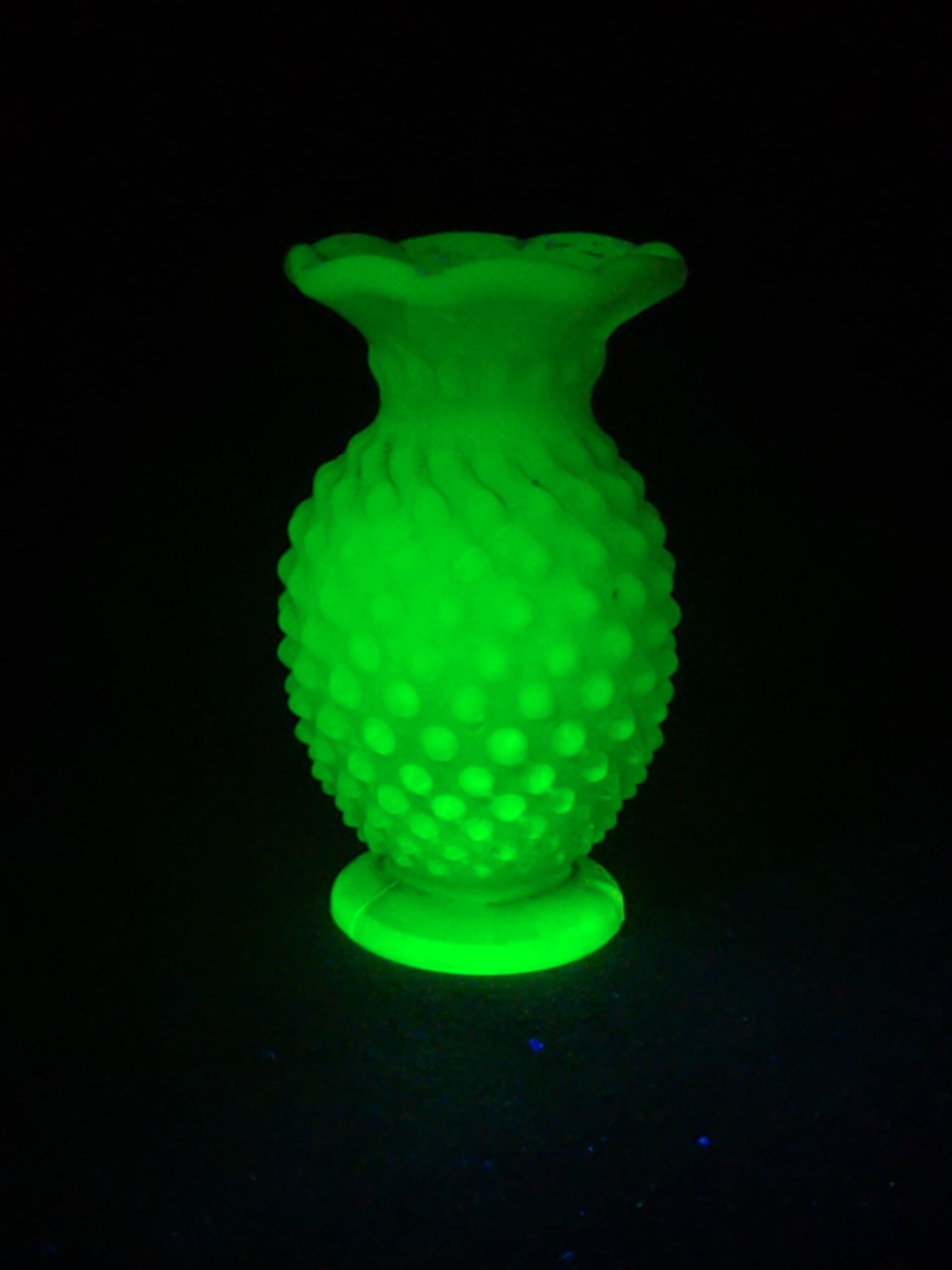 Vintage Uranium Glass Hobnail Miniature Vase with Opalescent Rim, UV Reactive