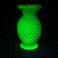 Lot 064 - Vintage Uranium Glass Hobnail Miniature Vase with Opalescent Rim, UV Reactive, 4" H